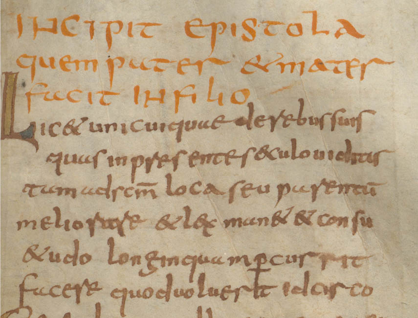 Handschrift aus dem späten 8. Jahrhundert mit römischem Recht und der Formelsammlung aus Angers, hier mit einer Schenkung  eines Vaters und einer Mutter an ihren Sohn