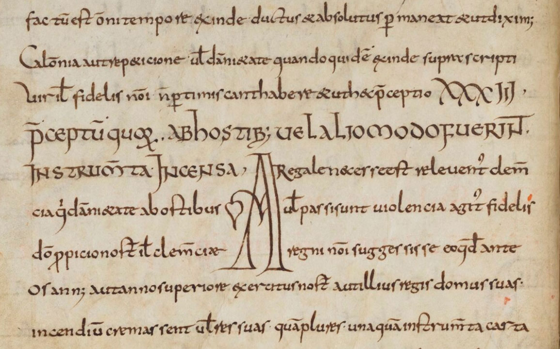 Handschrift aus dem 1. Drittel des 9. Jahrhunderts mit den Formelbüchern des Marculf, hier mit einer Eigentumsbestätigung durch den König für eine Person, die ihre Rechtsdokumente verloren hatte