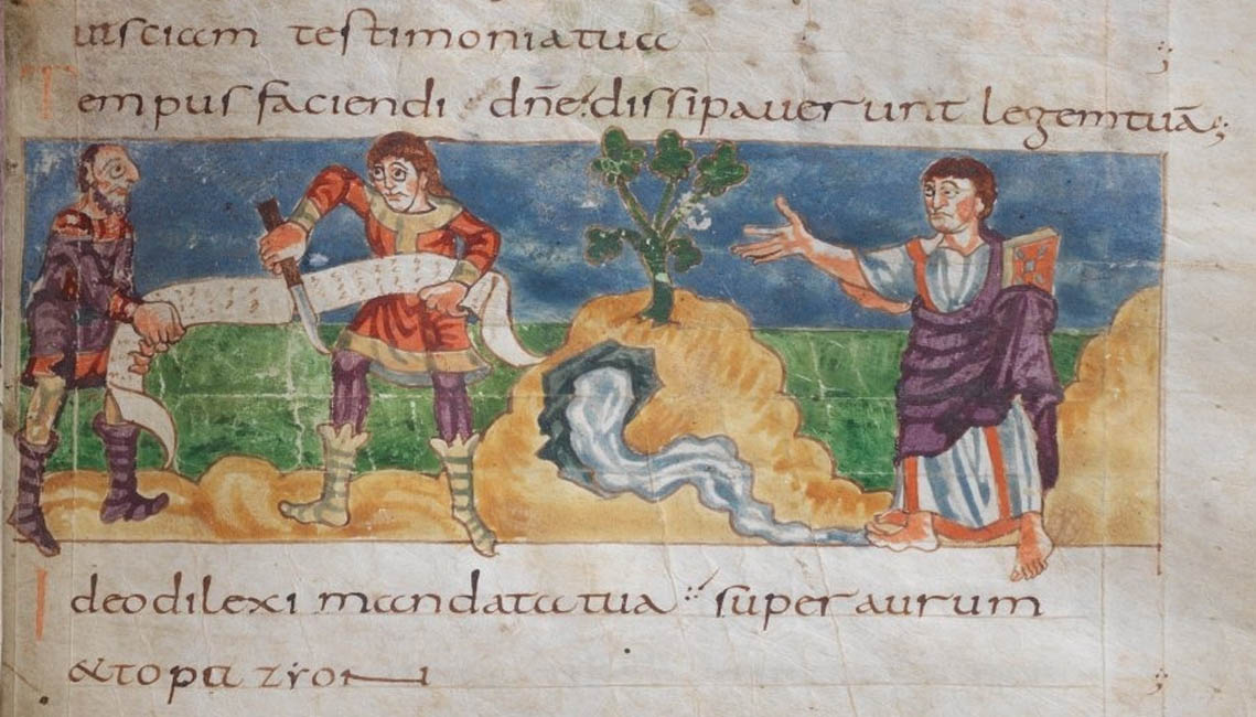 Bild aus dem Stuttgarter Bilderpsalter an, das als Motiv für unser Logo gedient hat: 1. Hälfte 9. Jahrhundert. Zu sehen sind zwei Männer, die zum Abschluss eines Geschäftes die darüber ausgestellte Urkunde zerschneiden. 