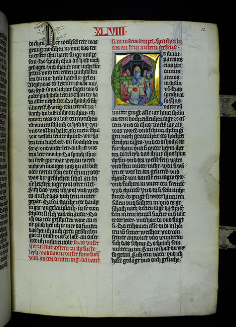 Der zwölfjährige Jesus im Tempel mit versammelten Schriftgelehrten; eine der 96 Deckfarbeninitialen dieser um 1410 entstandenen Handschrift des ‚Evangelienwerkes‘ 