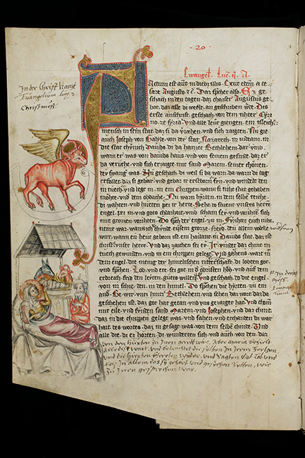 Geflügelter Stier: Lukas-Symbol; unten: Geburt Christi