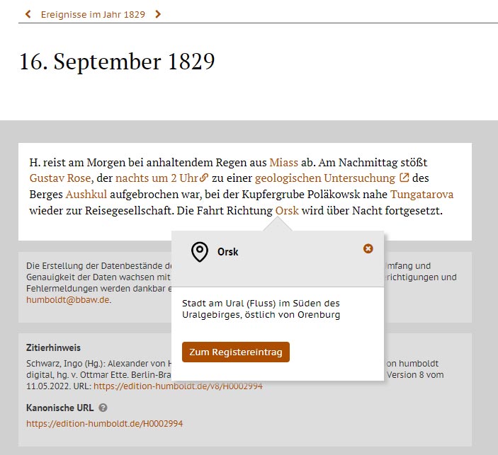 Screenshot Eintrag in der Alexander von Humboldt-Chronologie
