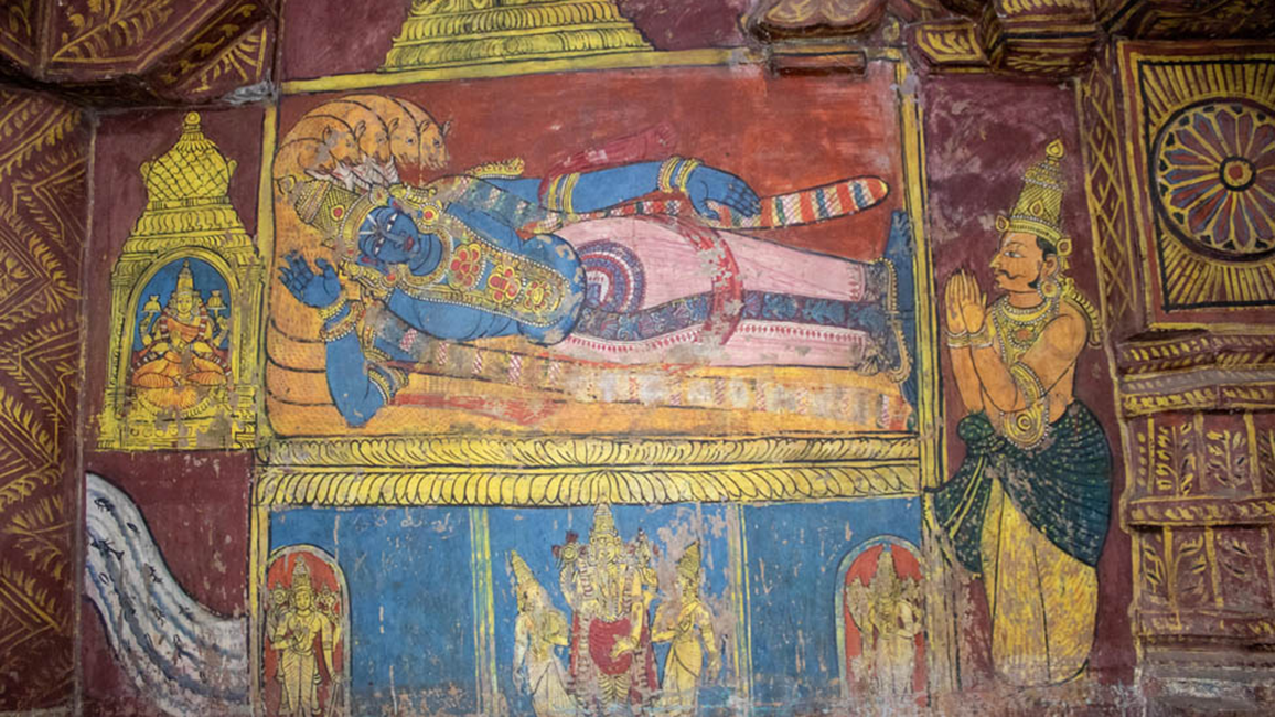 Wandmalerei eines der “108 heiligen Orte Vishnus” im Varadaraja-Tempel