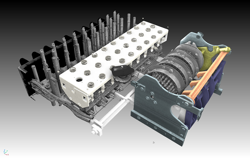 segmentierte Mechanik einer Enigma M4, eingefärbt. Inv.-Nr. 2017-398