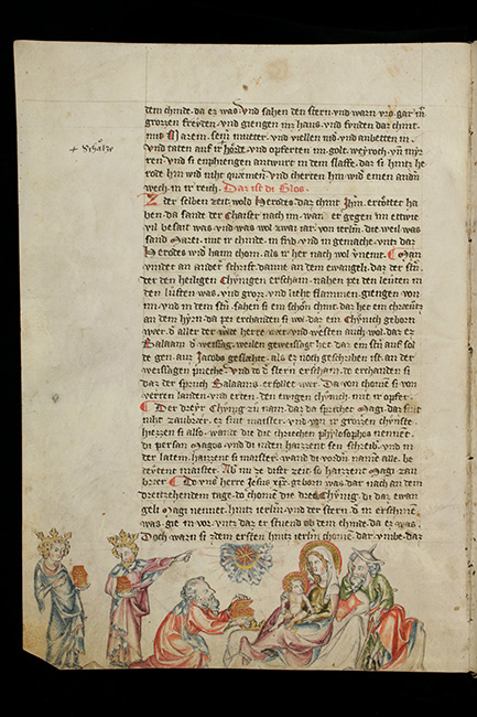 Die Heiligen Drei Könige bringen dem Jesuskind Geschenke. Die älteste erhaltene Handschrift des ‚Evangelienwerkes‘ wird auf ca. 1340 datiert.