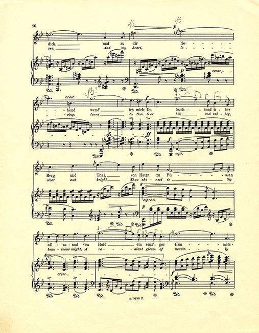 Eine Seite aus dem Strauss-Lied „Im Morgenrot“ op. 46/4 im Handexemplar von Strauss‘ Frau, der Sängerin Pauline Strauss-de Ahna. Die hier bei der Probenarbeit mit dem Komponisten eingetragenen Interpretationsvermerke werden im Notentext der Kritischen Ausgabe dokumentiert.
