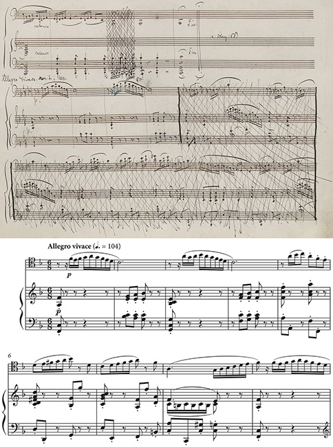 Der Beginn des noch ganz andersartigen Finalsatzes der Erstfassung der Cellosonate op. 6 im Autograph und in der Erstedition im Rahmen der Kritischen Ausgabe.
