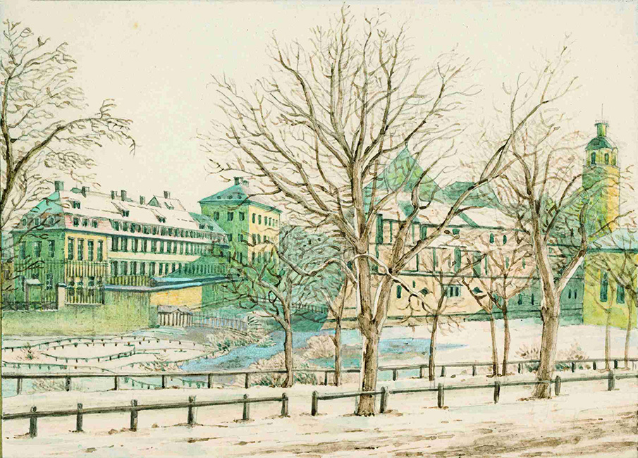 Felix Mendelssohn Bartholdy: Blick aus Reichels Garten auf das winterliche Leipzig, 1836, Aquarell, Mendelssohn-Haus Leipzig
