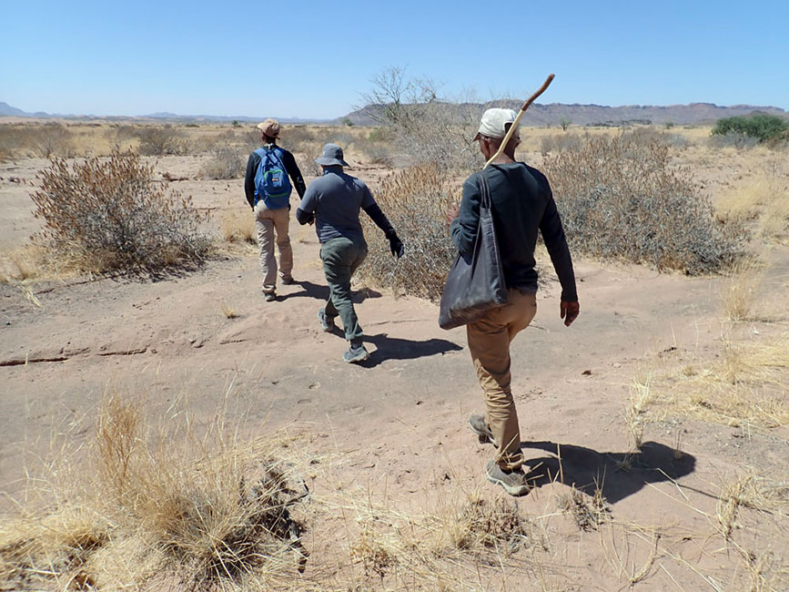 Drei Männer wandern durch eine Wüstenlandschaft