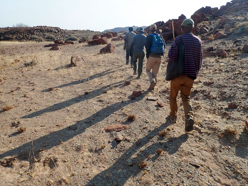 vier Männer wandern durch eine Wüstenlanschaft