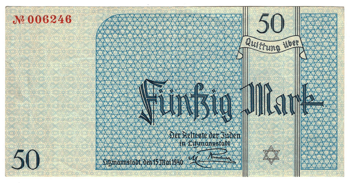 50-Mark-Quittung aus dem Ghetto Litzmannstadt, 1940/1944