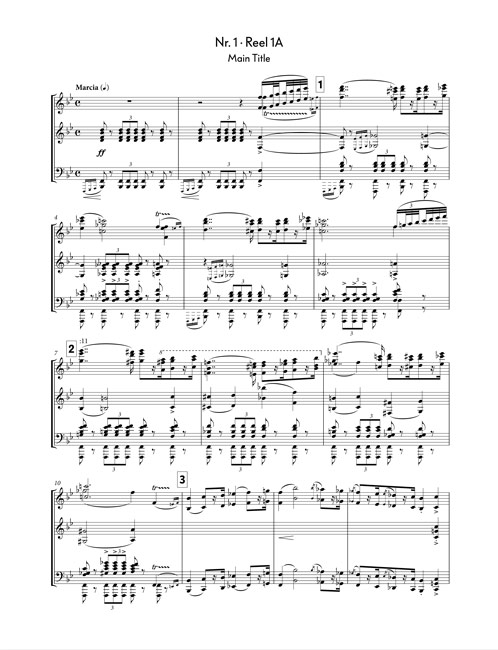 Erich Wolfgang Korngold, „The Adventures of Robin Hood“ (1938), Short Score, Nr. 1, Reel 1A: Main Title, Beginn; Transkription für den betreffenden Band der Erich Wolfgang Korngold Werkausgabe, hrsg. von Johannes Gall und Silke Reich 