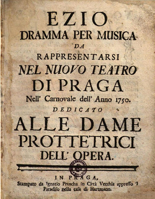 Titelblatt des Librettos zu Glucks 1750 in Prag uraufgeführten Oper „Ezio“