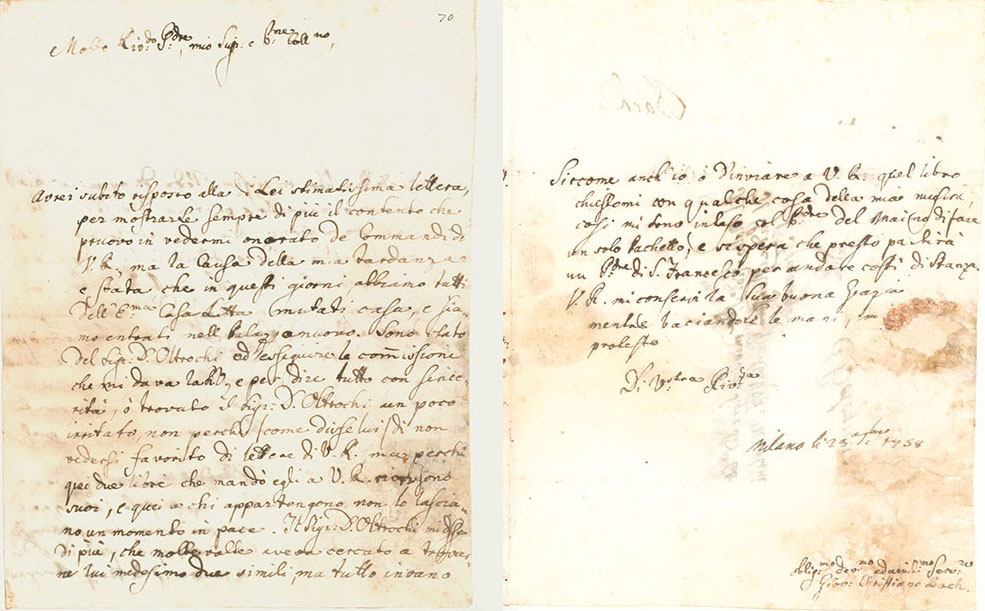 Brief (Anfang u. Ende) von Johann Christian Bach an Padre Giambattista Martini (Bologna), Mailand, den 23.9.1758