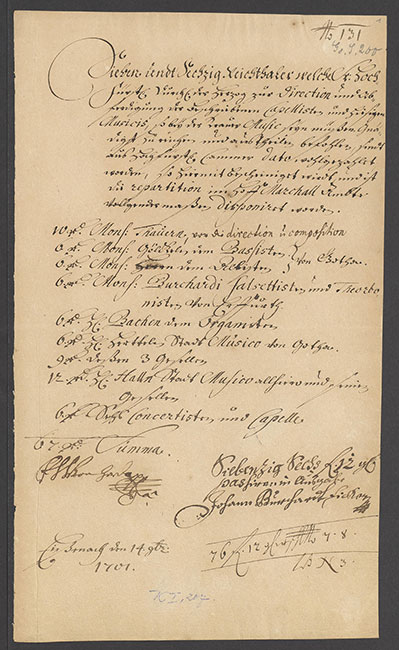 Honorarabrechnung für eine Trauermusik Eisenach 1701. (mit dem Organisten Johann Christoph Bach 1742–1703)