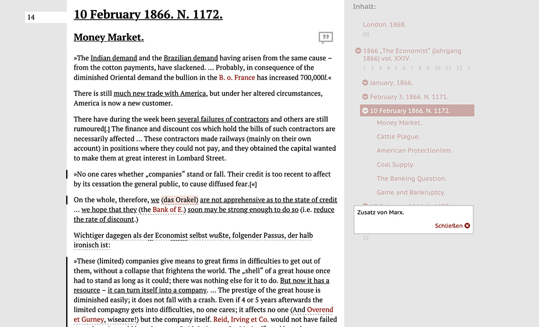 Screenshot der digitalen Exzerpt-Edition der MEGA: Marx' Exzerpte von 1868/69 aus dem "Economist"-Jahrgang von 1866. Durch Zusätze in Klammern, die in der Edition durch Sacherläuterungen kenntlich gemacht werden, stellt Marx eine Analogie zwischen modernem Geldmarkt und antikem Orakelwesen her. 