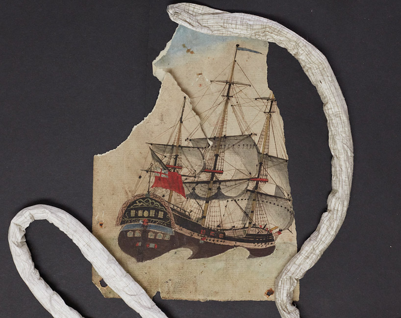 Farbenfrohe Zeichnung eines Schiffes auf einem Bogen Papier, TNA, HCA 32/872