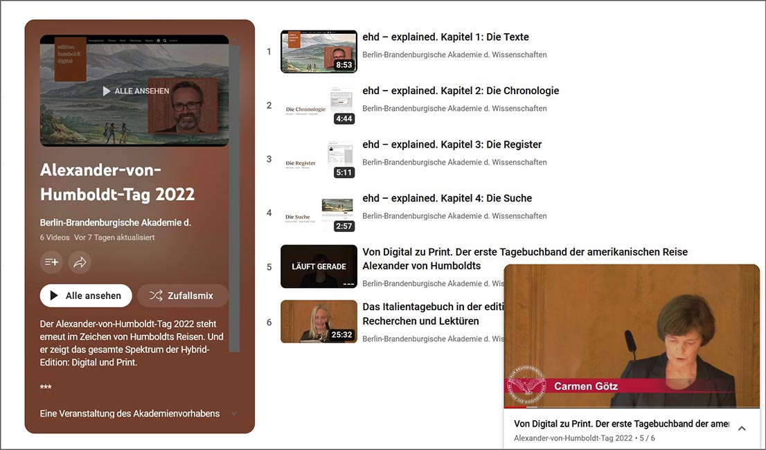Screenshot Playlist der Videovorträge im Rahmen des Alexander-von-Humboldt-Tages 2022
