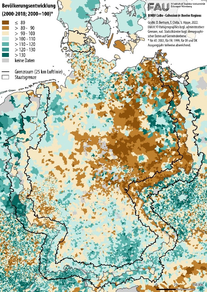Räumlicher Fokus des CoBo-Projektes – die Grenzregionen Deutschlands mit seinen Nachbarregionen – hier hinterlegt mit dem demographischen Indikator Bevölkerungsentwicklung