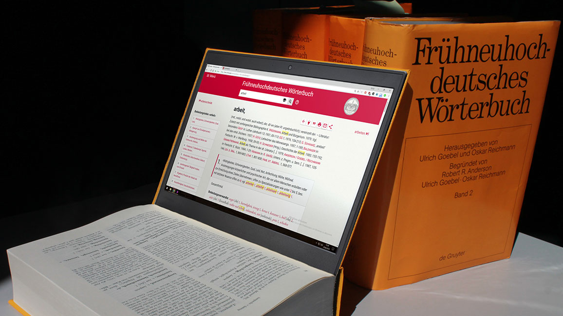 ein Wörterbuch und ein aufgeklapptes Buch mit einem Monitor